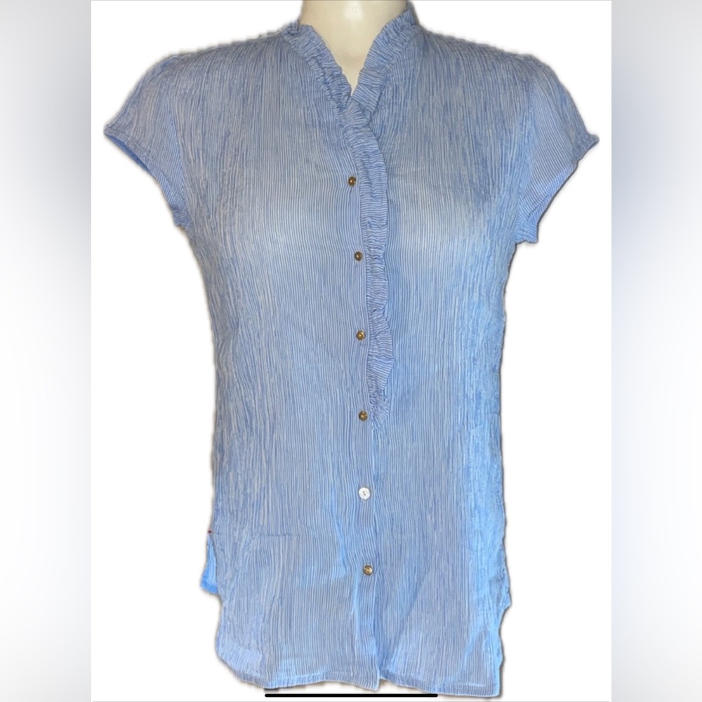 Denmarks  Noa Noa Blue and White Pinstripe Shirt with Ruffled neck line . .